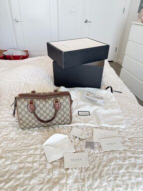 Gucci Beige GG Supreme Boston with Brown Leather Trims - pristine conditions